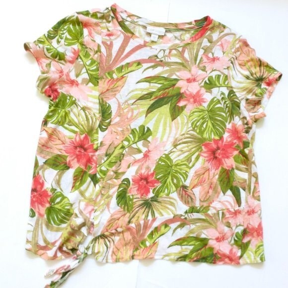 J Jill Love Linen Top Medium Women's Floral Tropical Tie Front Beach Green Pink - Picture 2 of 8